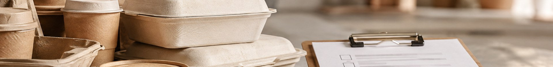 Compostable takeout containers beside a food packaging regulations compliance checklist