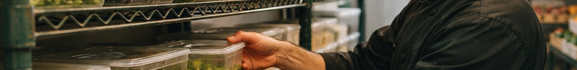 Labeled food storage containers organized by food shelf life dates in a restaurant walk-in cooler