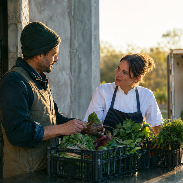 Chef and local farmer inspecting fresh produce crates at a restaurant delivery