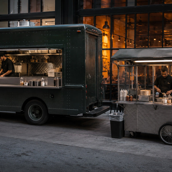 Food truck and food cart side by side showing the size and setup difference between the two formats