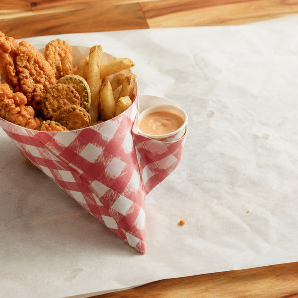 Fried picnic finger foods served in a Cone Tek picnic print paper food cone with dipping pocket