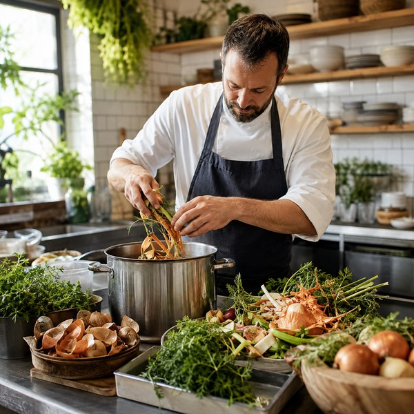 Chef in a zero waste restaurant turning vegetable trim into stock as part of full-ingredient prep