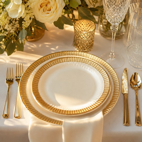 Gold-rimmed disposable wedding plates in a formal place setting with cloth napkins