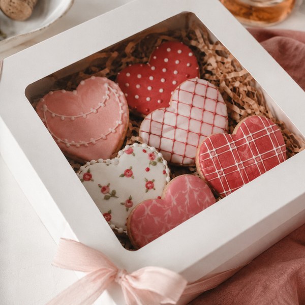 Decorated heart shaped cookies packed in a windowed bakery gift box for Valentine's retail