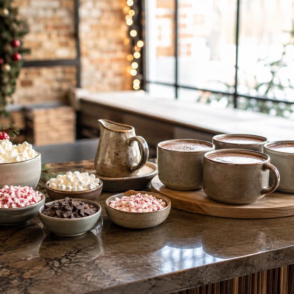 Holiday coffee bar with hot chocolate station, whipped cream, crushed candy canes, and topping bowls
