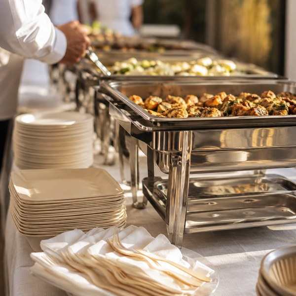 Catering buffet line with chafing dishes and disposable serviceware illustrating HoReCa industry growth