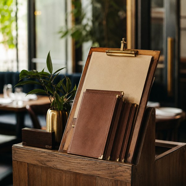 Check presenter and menu covers staged at a restaurant host stand for reservation service