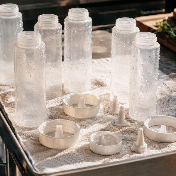 Disassembled squeeze bottles, caps, and tips air-drying after a food safe sanitizer soak