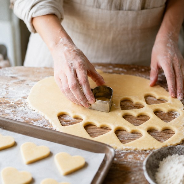 Baker cutting heart shaped cookies from rolled sugar cookie dough with a metal cutter