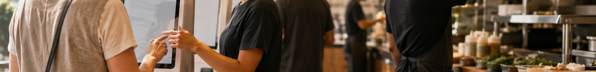 QSR crew implementing technology for streamlined operations with self-order kiosks and a kitchen display system