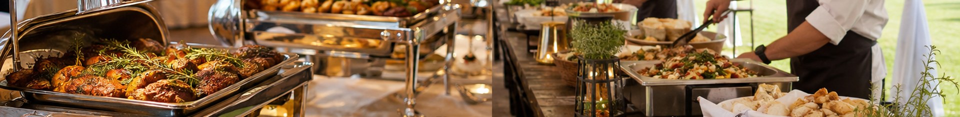 Indoor and outdoor catering services side by side: ballroom buffet line and tented outdoor serving station