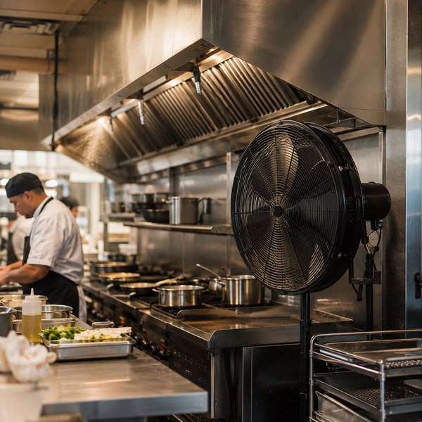 Industrial floor fan providing spot cooling for line cooks beside a commercial kitchen ventilation hood