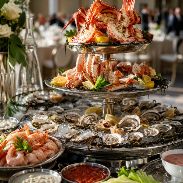 Tiered seafood tower and raw bar on a luxury catering menu at an upscale event