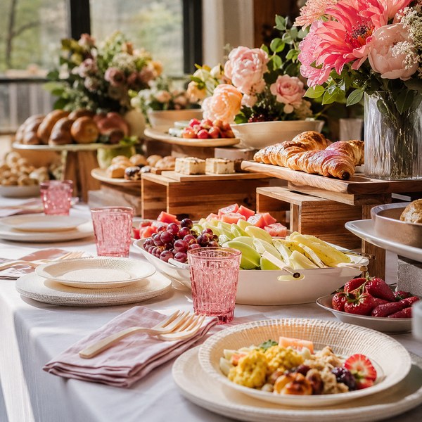 Brunch buffet line with elegant disposable dinnerware for mother's day restaurant promotions