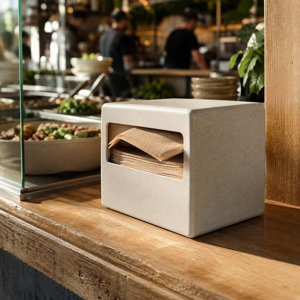 Counter-mounted napkin dispenser portioning recycled eco friendly napkins in a fast casual restaurant