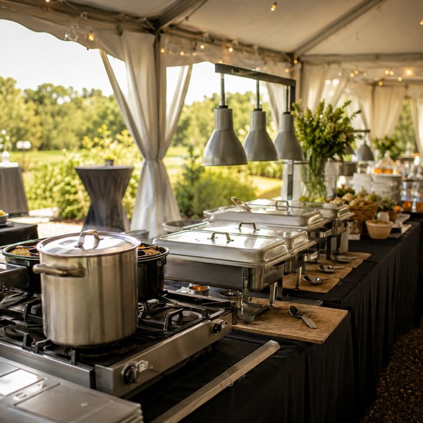 Outdoor catering services field kitchen with portable burners, chafing dishes, and covered serving stations under a tent