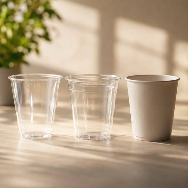 Side-by-side lineup of PLA, rPET, and paper eco-friendly plastic cup options for foodservice