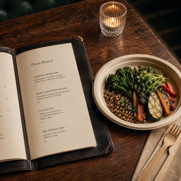 Restaurant menu in a leather cover with plant based menu section beside eco-friendly dinnerware