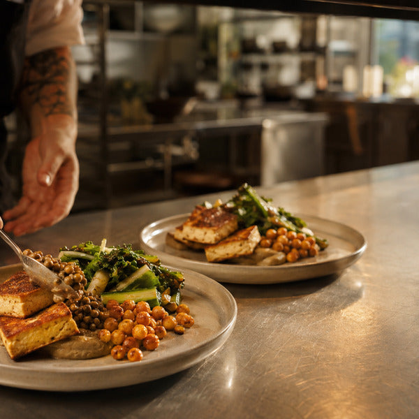 Chef plating plant based protein sources including tofu, lentils, and chickpeas in a commercial kitchen