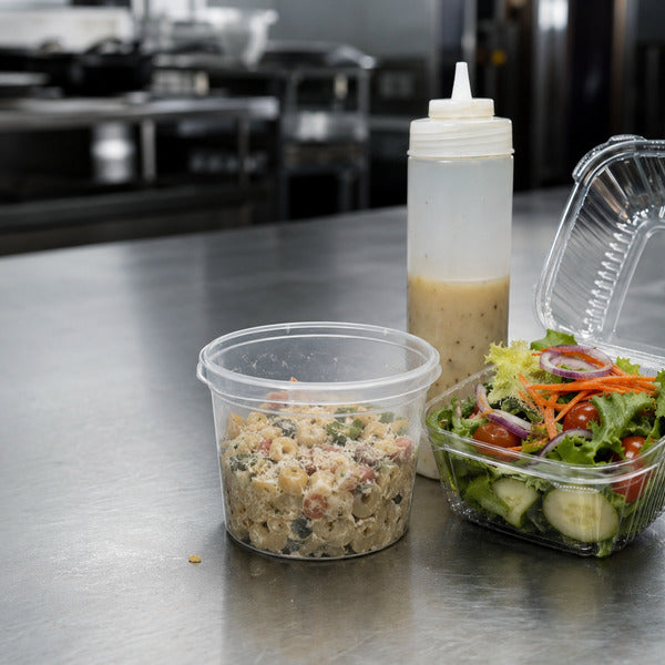 Common plastic types used in food packaging, including PP, PET, and HDPE containers