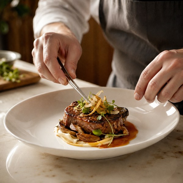Chef plating a fine dining at home main course on a white porcelain coupe plate with plating tongs