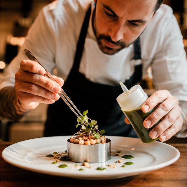 Plating tools in use — tweezers, squeeze bottle, and ring mold for food plating presentation