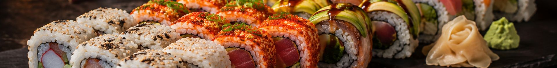 Assorted popular sushi rolls including California roll, spicy tuna roll, rainbow roll, and dragon roll arranged on a black serving tray with chopsticks