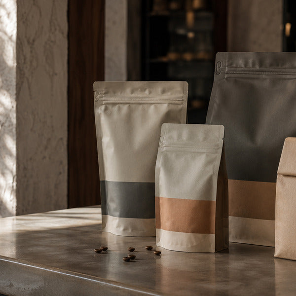 Custom branded coffee bags showing private labeling packaging strategy in a cafe