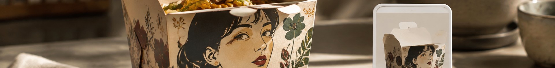 Product packaging design with a face illustration on a takeout box beside its small online thumbnail