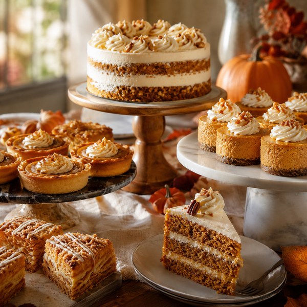 Pumpkin desserts displayed on cake stands — a high-margin slot in fall menu ideas