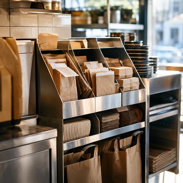 Kitchen display system guiding a QSR packout station with labeled to-go packaging and delivery bags