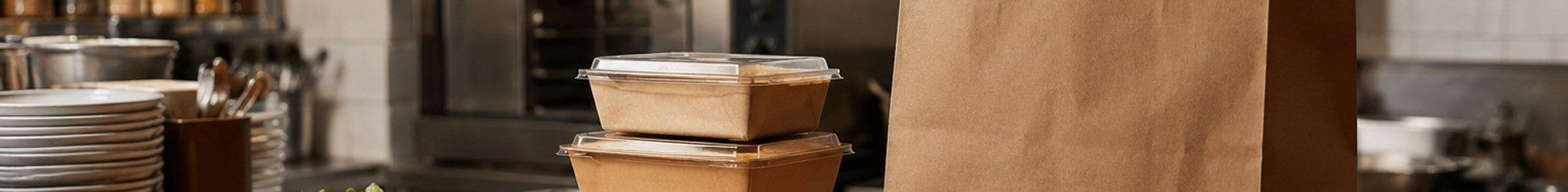 Restaurant brand building in action: branded takeout containers and delivery bag staged on a prep counter