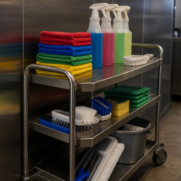 Stocked restaurant cleaning station with sanitizing supplies organized for daily use
