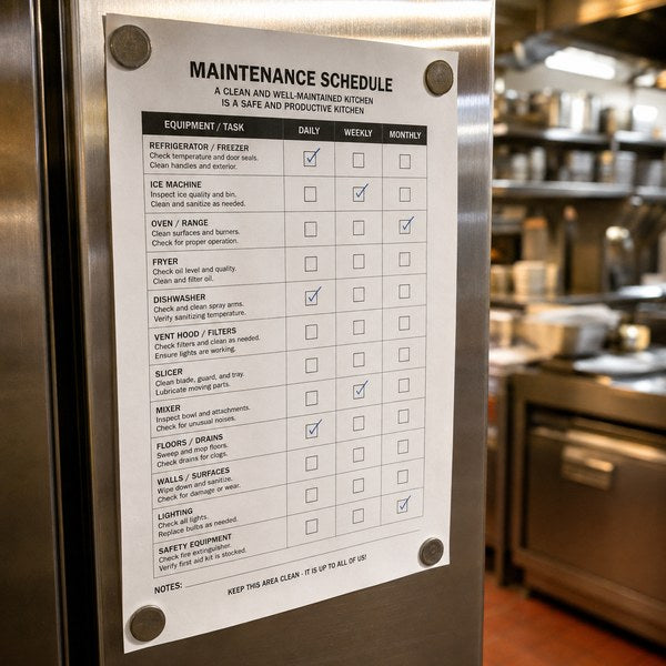 Posted restaurant equipment maintenance schedule with daily, weekly, and monthly checklist columns