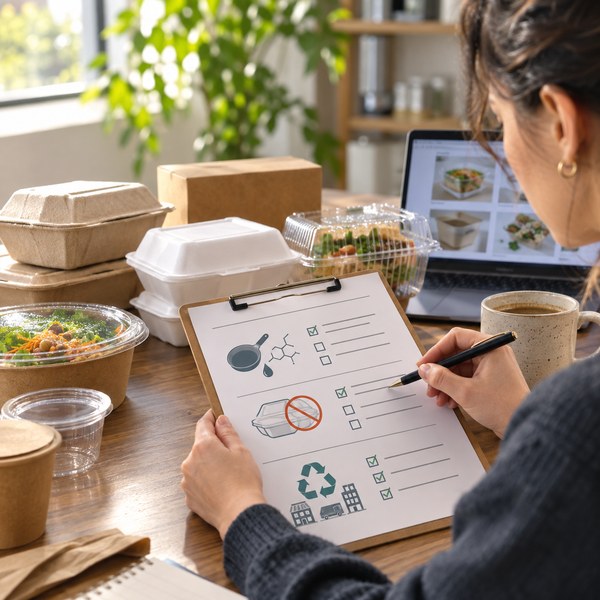 Operator reviewing food packaging regulations checklist for PFAS, foam, and EPR compliance
