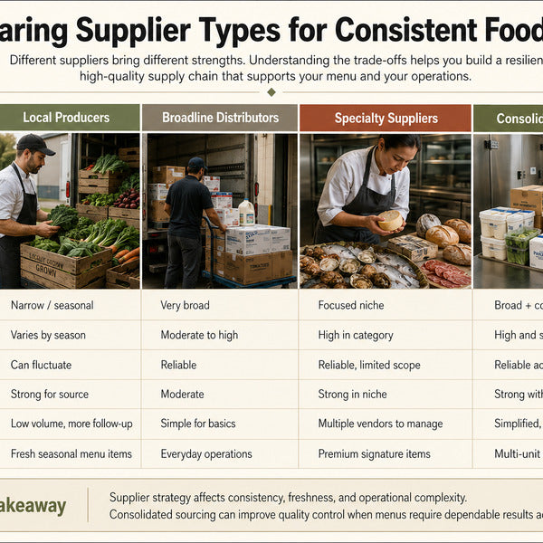 Infographic comparing supplier types in a restaurant supply chain for consistent food quality