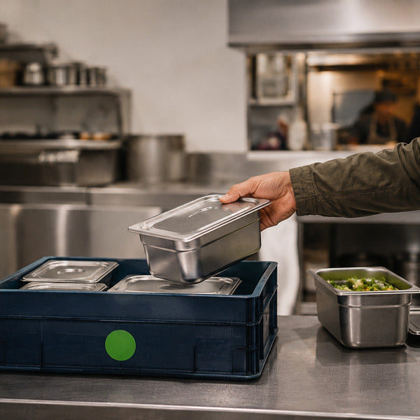 Kitchen staff loading stainless steel food pans into a blue return crate at a commercial kitchen prep station, part of a reusable container program