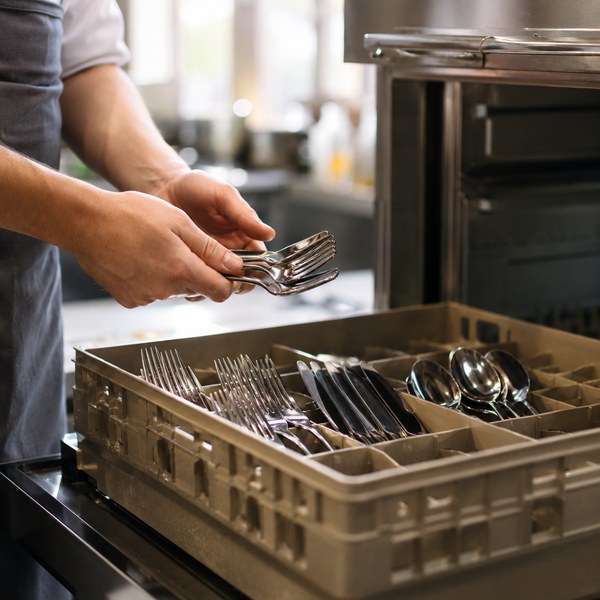 Reusable flatware set loading into a commercial dishwasher rack in a restaurant kitchen