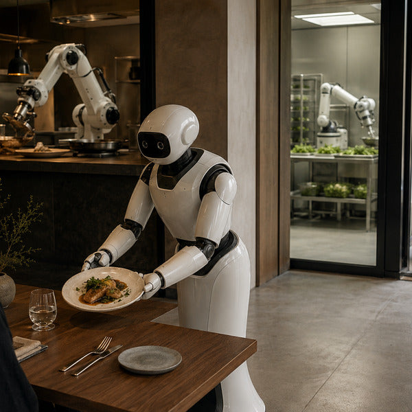 Humanoid service robot and kitchen arm robot working in a modern restaurant