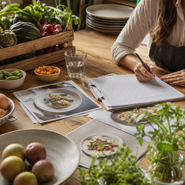Seasonal menu planning session with local produce, costing worksheet, and sample menu covers