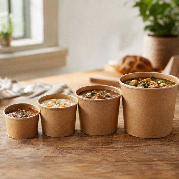 Chart matching disposable soup containers by size to side, lunch, entrée, and family menu portions