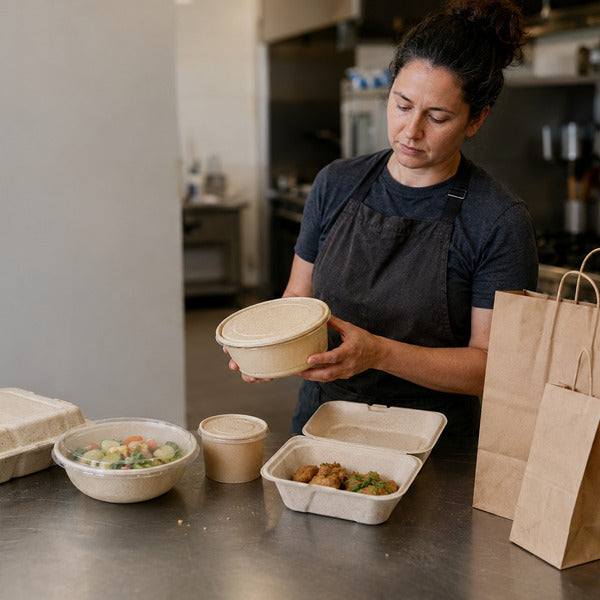 Restaurant operator reviewing sustainable packaging options including compostable containers and paper bags