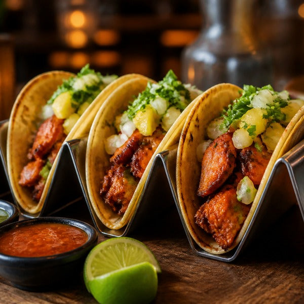 Tacos al pastor served upright in a stainless steel taco holder on a restaurant table