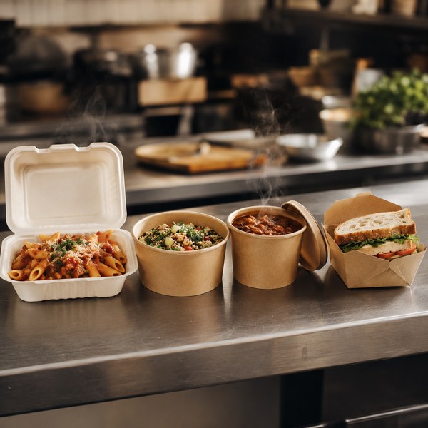 Diagram matching eco-friendly takeout container formats to menu items, from vented clamshells for fried food to lined soup containers