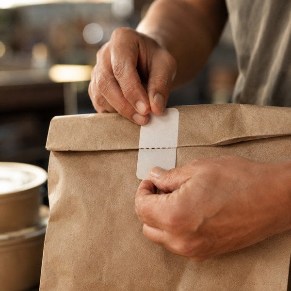 Tamper-evident label sealing a branded takeout bag — a core restaurant brand building trust signal for delivery