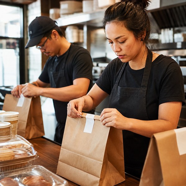 Kitchen staff sealing takeout bags with tamper-evident labels for no-contact delivery orders
