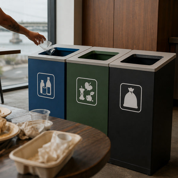 Three-bin recycling station for bottles, compost, and trash in a restaurant dining area
