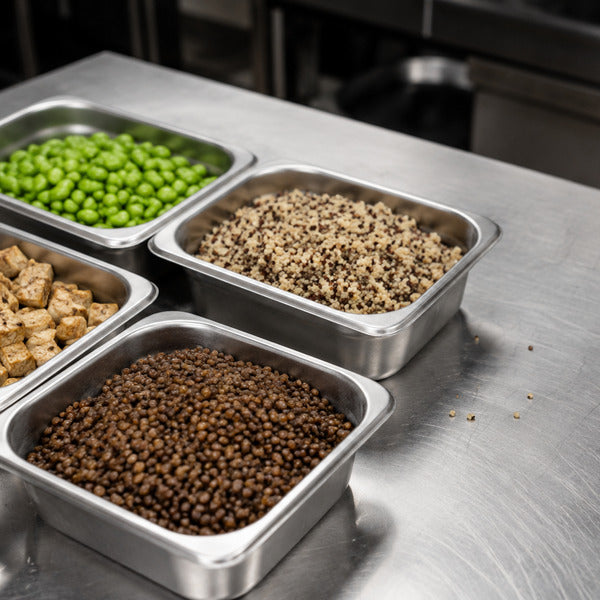 Prep containers of plant based protein sources — lentils, tempeh, edamame, quinoa — organized on a commercial prep line