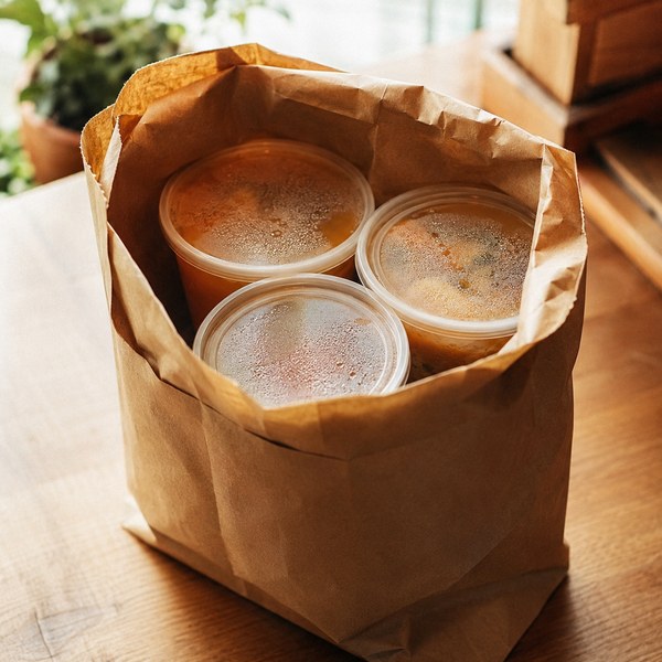 Sealed disposable soup containers packed upright in a flat-bottom takeout bag for delivery