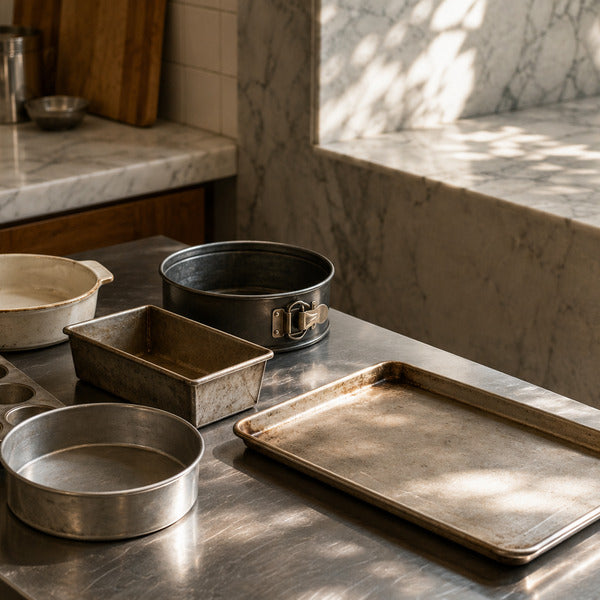 Types of baking pans arranged on a steel worktable: aluminum sheet pan, round cake pan, loaf pan, muffin pan, springform pan, and ceramic casserole dish